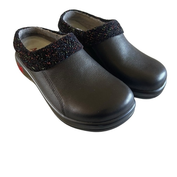 Alegria Kyah Black Leather Mule Knit Trim Comfort KYA-7630 Faux Fur Lining 35 - Picture 2 of 16